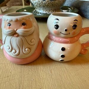 Charming Santa and Snowman Mug Set - Pink and White